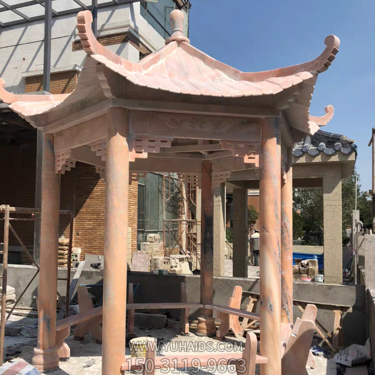 晚霞红6角石凉亭雕塑