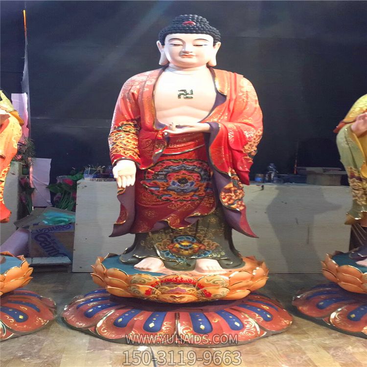 寺庙供奉神佛站立的玻璃钢彩绘三圣雕塑