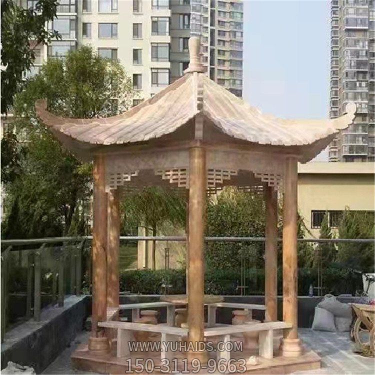 别墅小区中式晚霞红石雕园林休闲凉亭雕塑