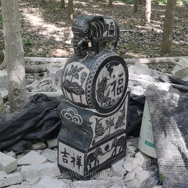 吉祥大象黑色大理石门墩抱鼓石雕塑