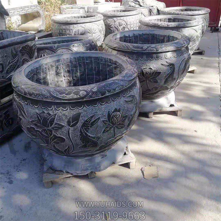 青石仿古雕刻圆形养鱼护花水缸园林摆件雕塑