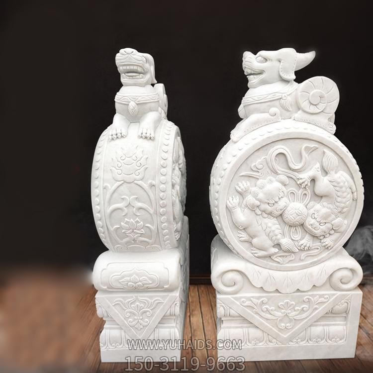 园林景区大理石石雕浮雕庭院门口大型貔貅抱鼓石雕塑