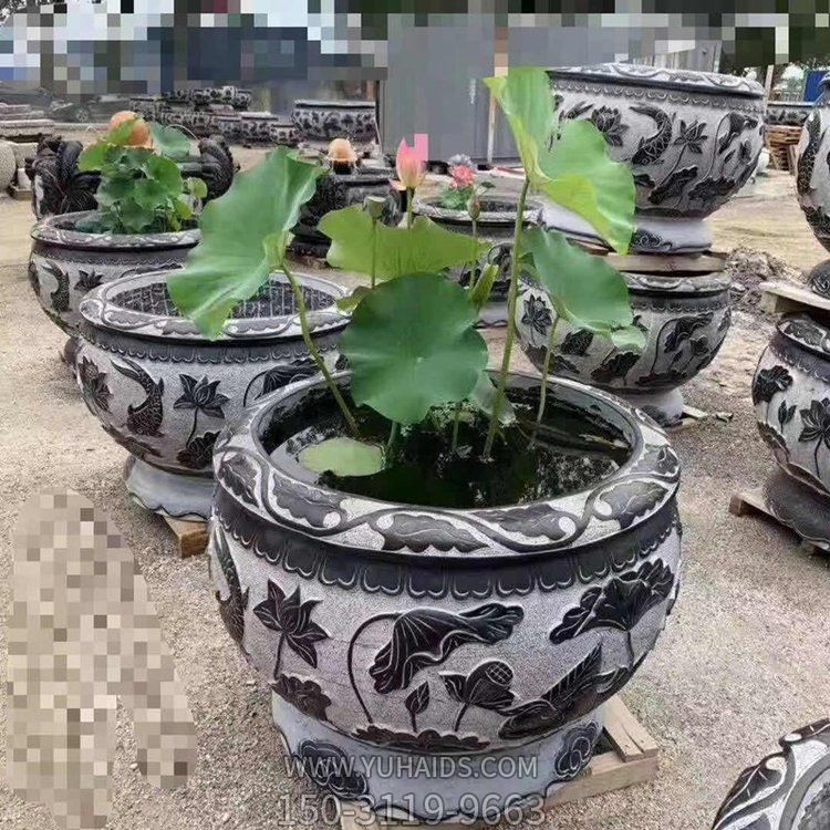 石雕养鱼缸庭院摆放圆形浮雕荷花水缸雕塑