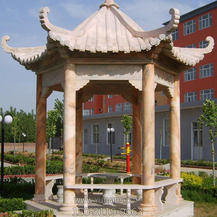 小区花园晚霞红石雕中式仿古建六角休闲凉亭雕塑