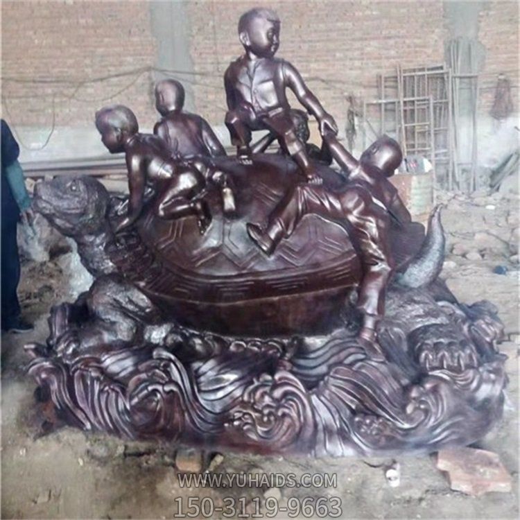 铜雕园林户外景观趴在乌龟身上的儿童景观雕塑