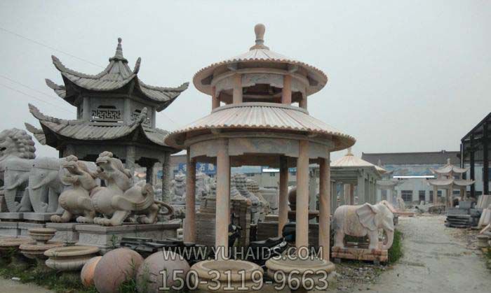 凉亭雕塑-仿古建圆顶双层景区摆放凉亭花岗岩石雕