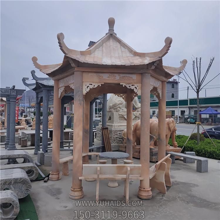 晚霞红浮雕古建园林六角休闲凉亭 雕塑