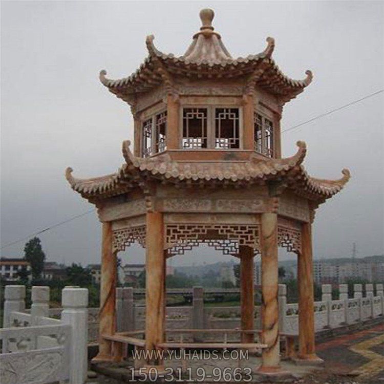 天然石材晚霞红仿古建二层休闲凉亭雕塑