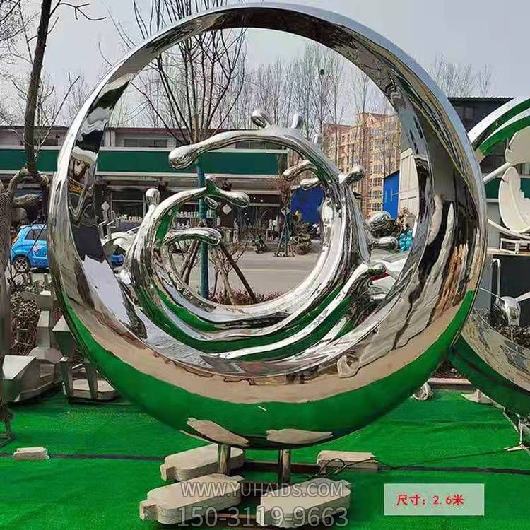 小区楼盘不锈钢抛光镜面圆环浪花现代流行水景观雕塑
