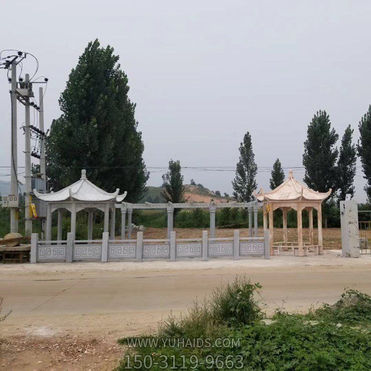 城市街道摆放青石仿古长廊休息凉亭雕塑