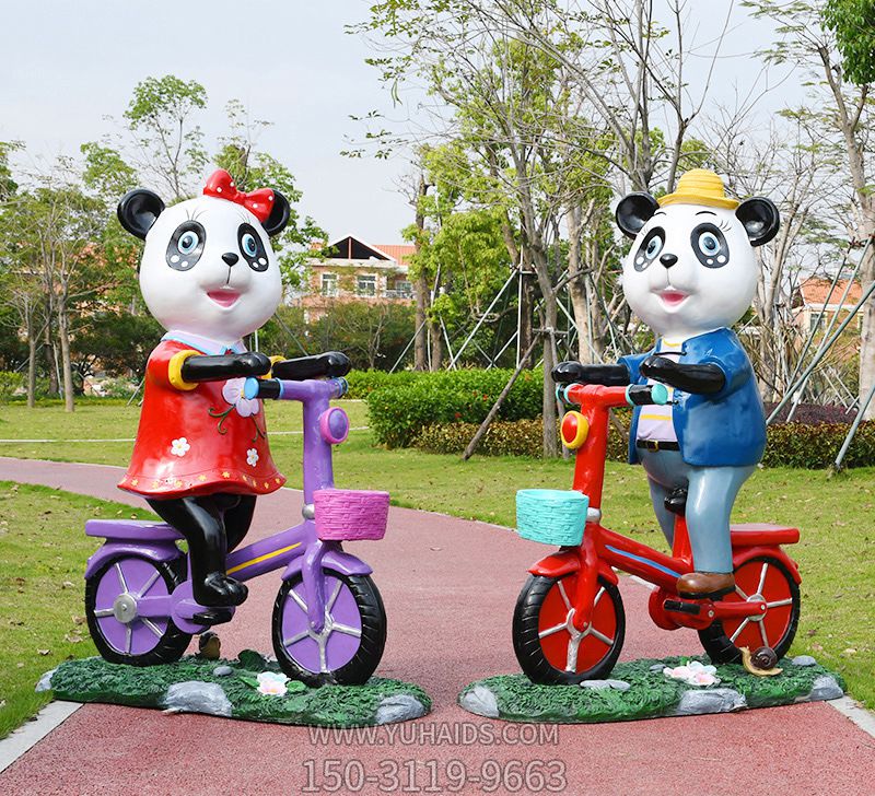 幼儿园卡通奇奇妙妙骑车熊猫玻璃钢雕塑