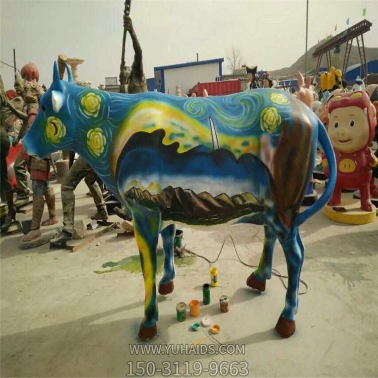 商场装饰玻璃钢彩绘画牛动物雕塑摆件