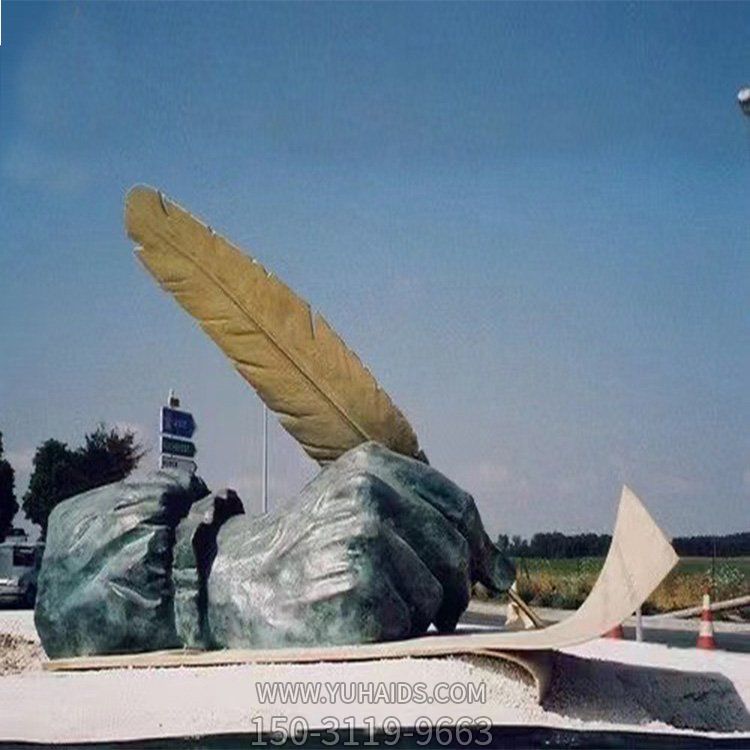 玻璃钢仿铜手型羽毛笔书写广场艺术景观雕塑