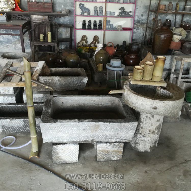 仿古做旧老物件大理石砂石石雕流水摆件老石槽雕塑