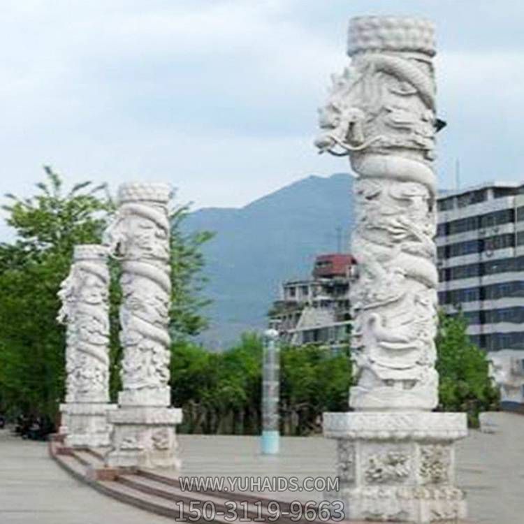 小区广场摆放大理石浮雕龙盘柱雕塑