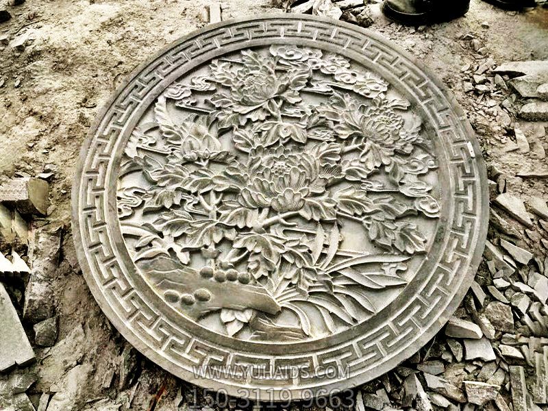 景观青石浮雕牡丹花窗雕塑