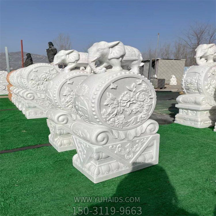 天然汉白玉小象抱鼓石中式别墅门口摆放石门墩雕塑