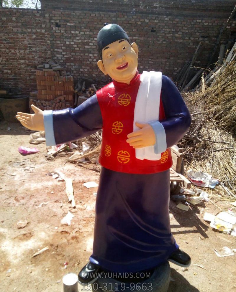 步行街商店门口摆放玻璃钢彩绘人物店小二雕塑