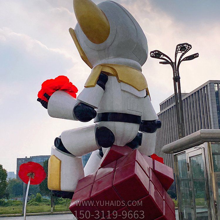 魔方上手拿花朵的不锈钢彩绘抽象机器人雕塑