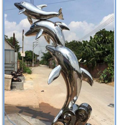 不锈钢镜面户外园林喷泉水景动物海豚雕塑