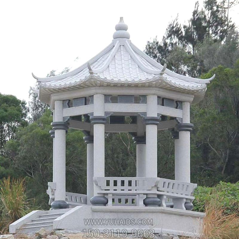寺庙山顶摆放汉白玉八角休息靠背凉亭雕塑