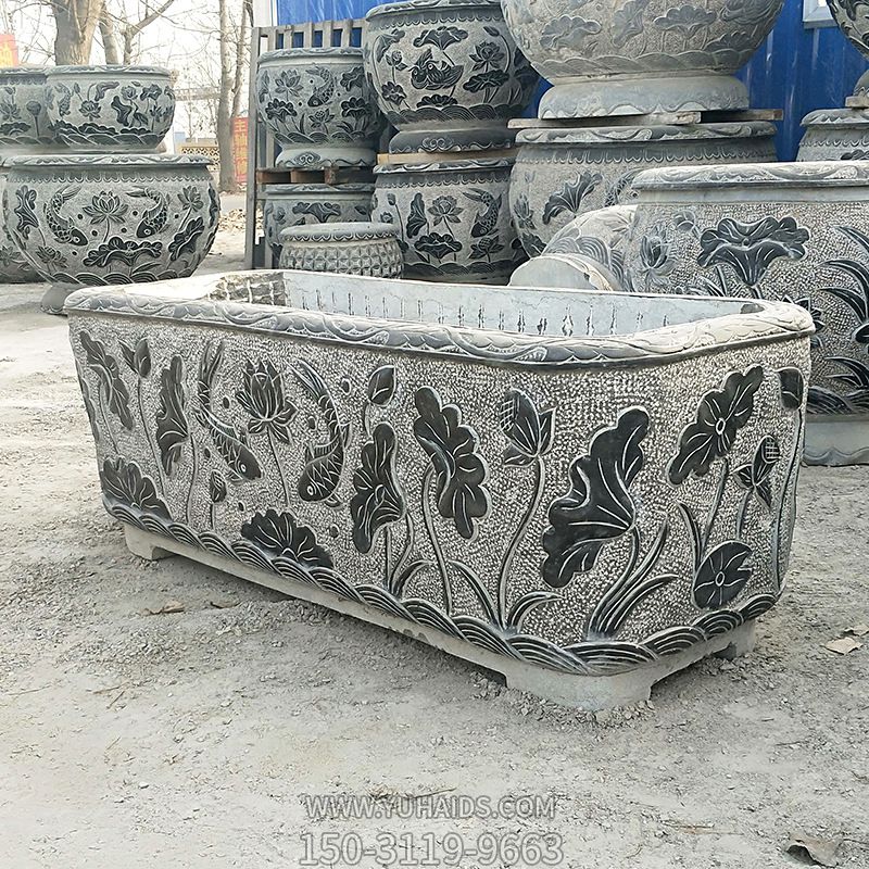 长方形石雕浮雕大理石庭院创意花盆雕塑