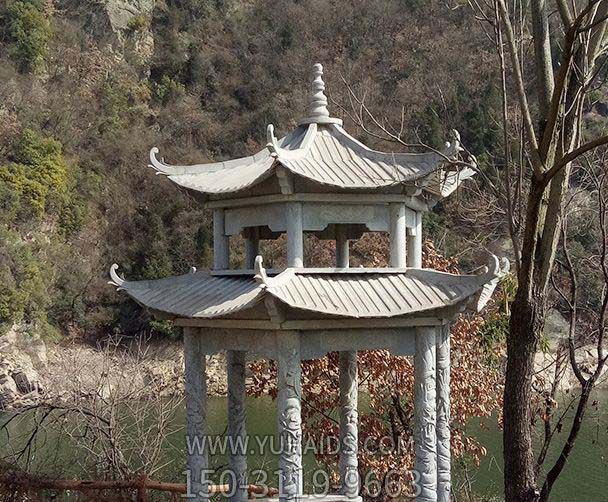 江边观景区摆放双层雕刻青石仿古凉亭雕塑