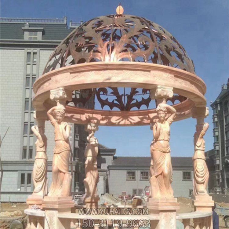 欧式大型圆形晚霞红石雕凉亭雕塑