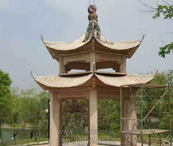 公园湖边双层顶大理石凉亭雕塑