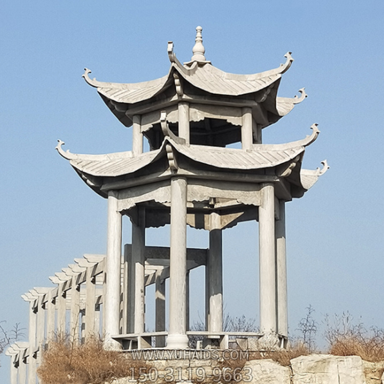 双层六角凉亭带长廊，园林古建装饰亭子雕塑