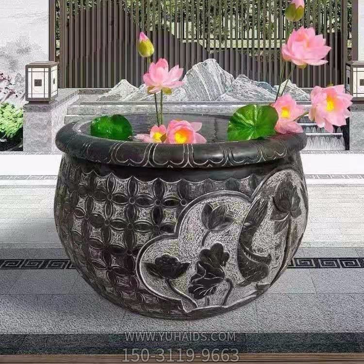 别野庭院青石仿古做旧浮雕鱼缸雕塑