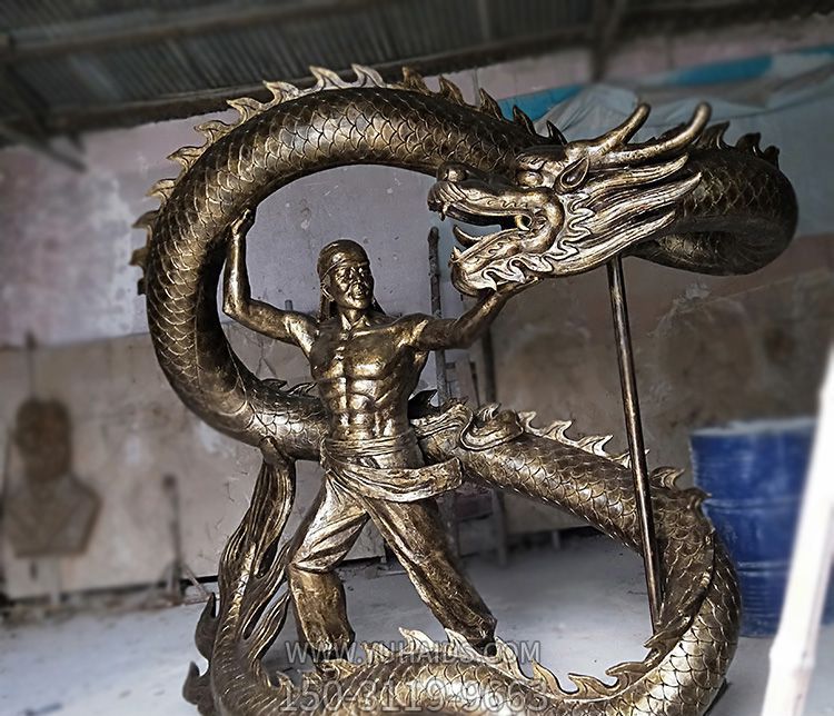 公园舞龙的人物玻璃钢仿铜雕塑