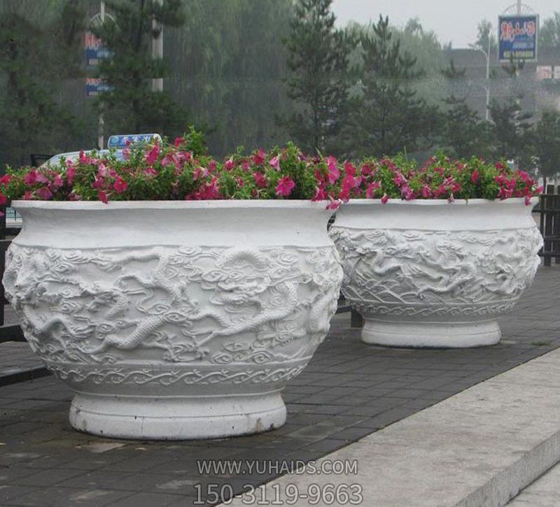 户外广场大型汉白玉石雕龙浮雕花盆雕塑