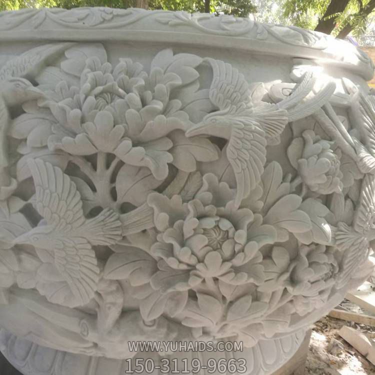 庭院户外摆放汉白玉浮雕花盆荷花鱼缸雕塑