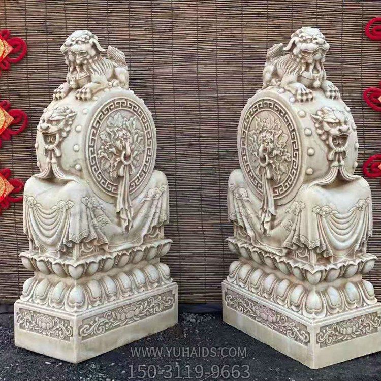 汉白玉仿古石雕门墩狮子抱鼓石雕塑