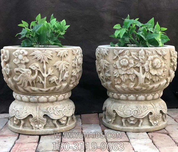 别墅庭院四合院雕刻摆件 仿古做旧石材花钵石材花盆雕塑