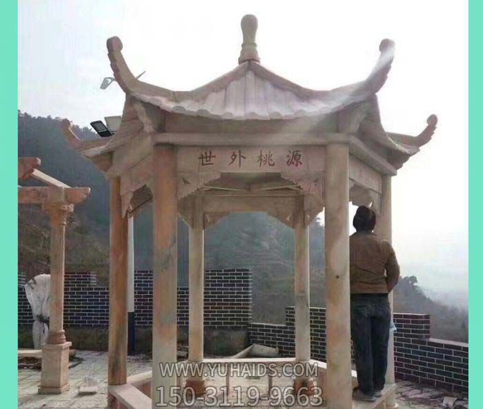 景区户外摆放六角晚霞红石雕凉亭雕塑