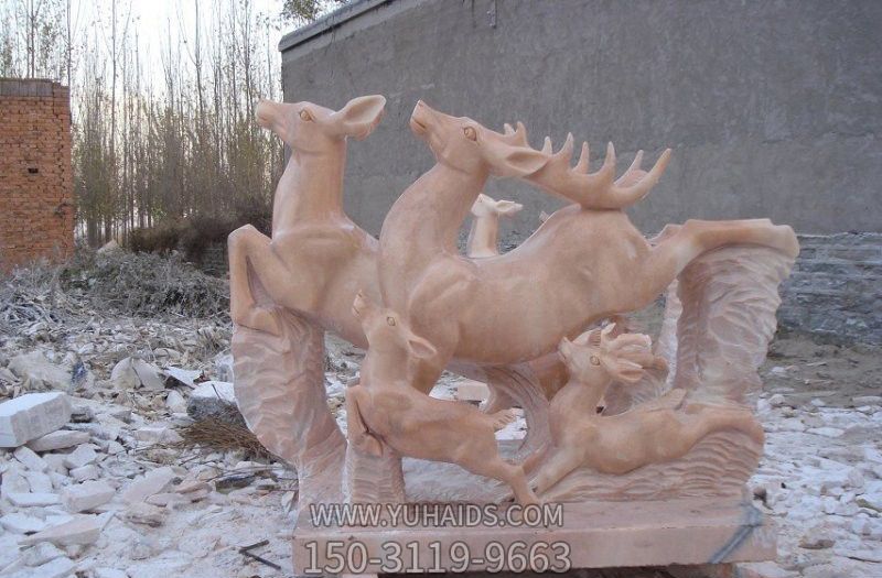 户外园林创意晚霞红石雕浮雕梅花鹿雕塑