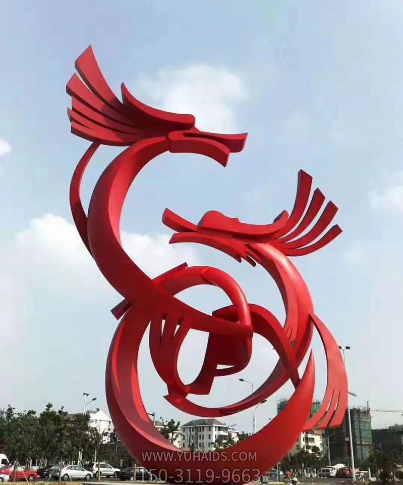 户外广场不锈钢喷漆二龙戏珠龙雕塑