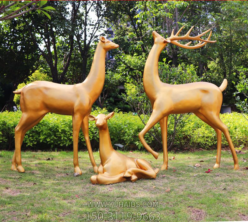 玻璃钢仿铜公园仿真动物一家三口梅花鹿雕塑