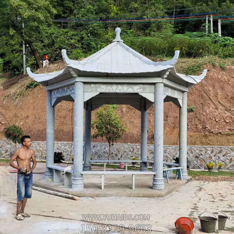 村庄园林湖边青石仿古建六角凉亭雕塑