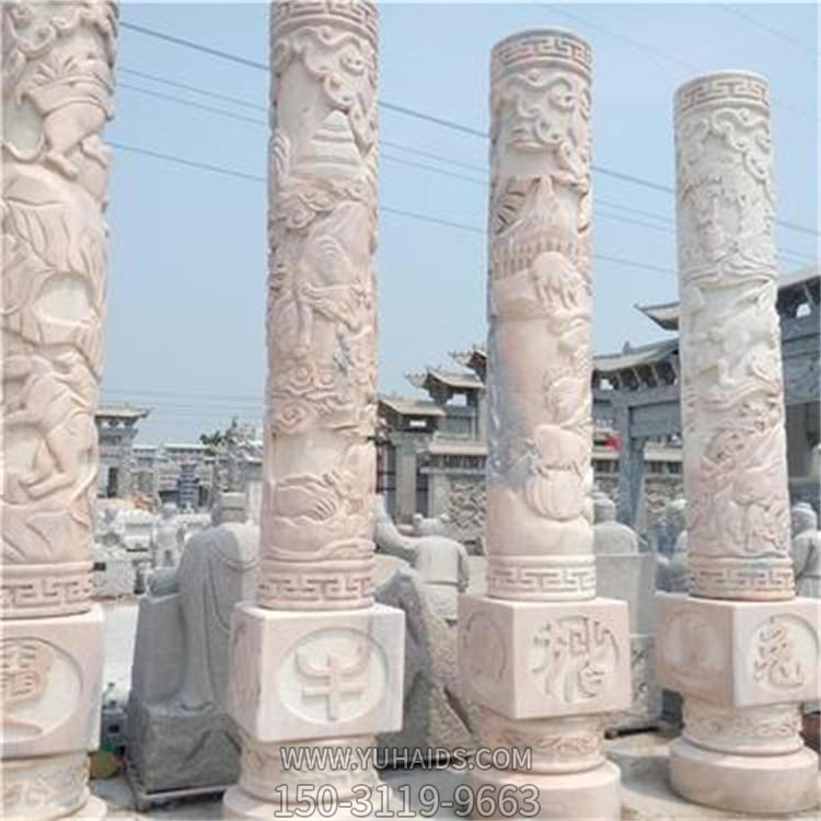 12生肖文化柱，晚霞红石雕柱子雕塑