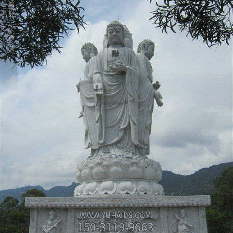 天然汉白玉石雕三面米陀佛雕像 景区寺庙供奉摆件雕塑