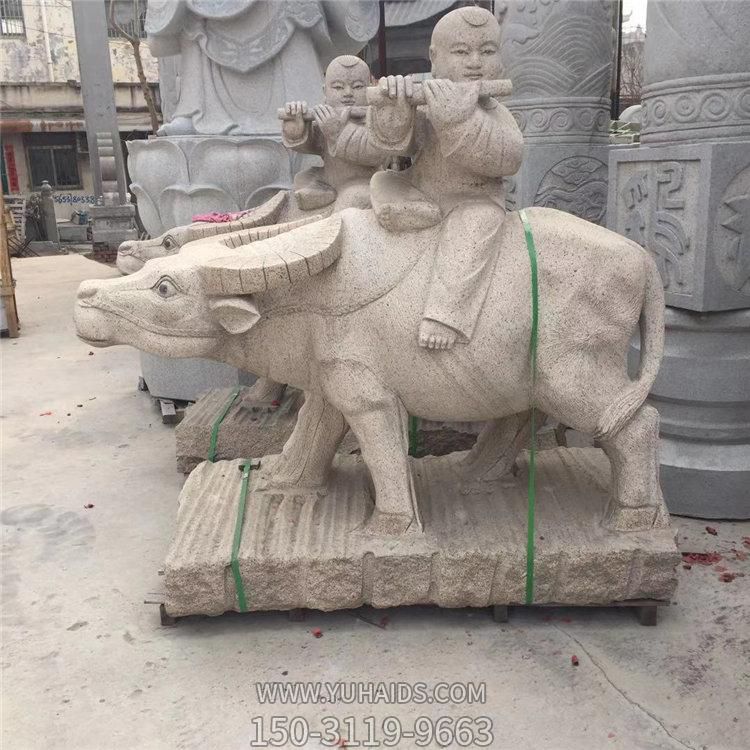 天然石材砂岩雕刻牧童骑牛吹笛石雕像景区公园摆件雕塑