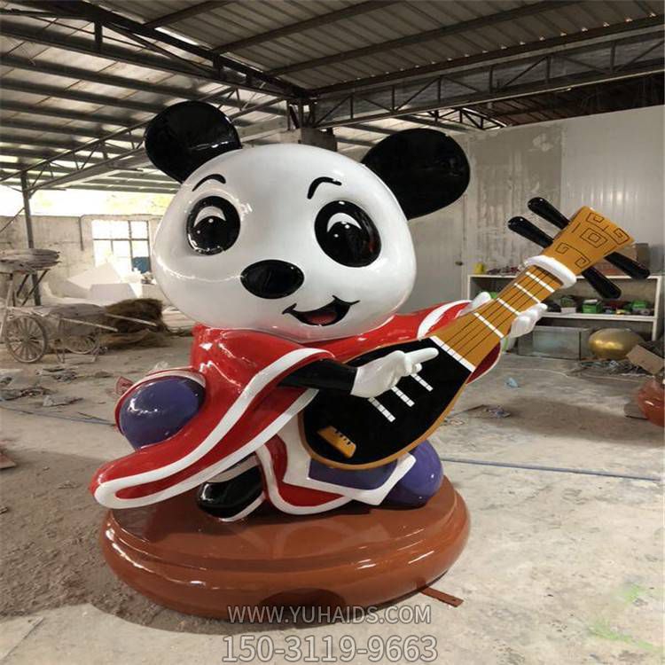 玻璃钢卡通弹琴的熊猫公仔雕塑