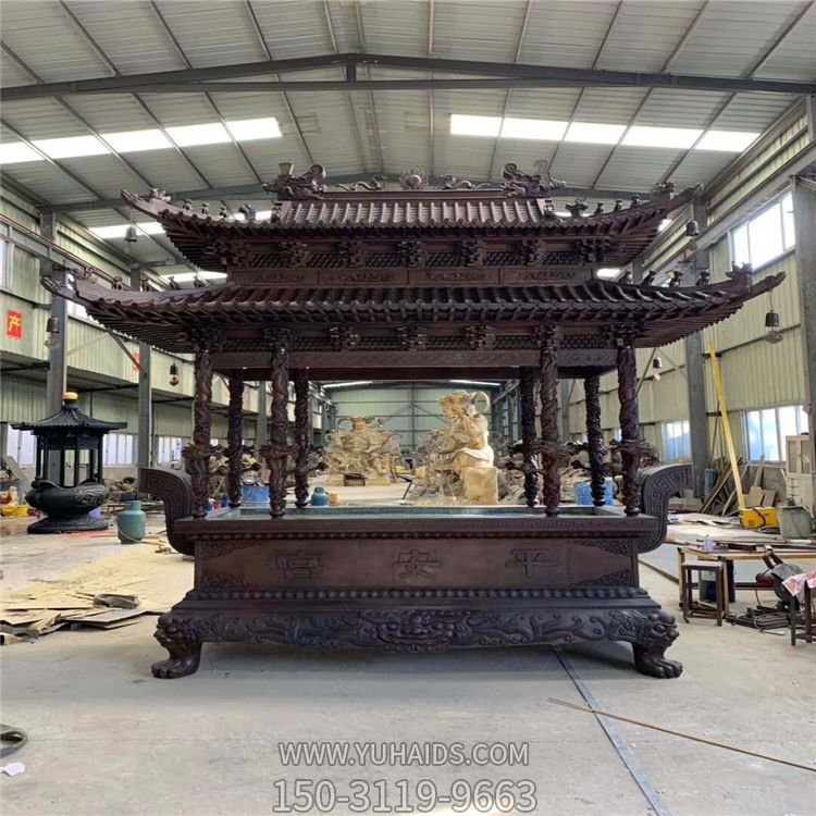 佛教祠堂仿古建筑宝鼎盖铸铜长形香炉雕塑