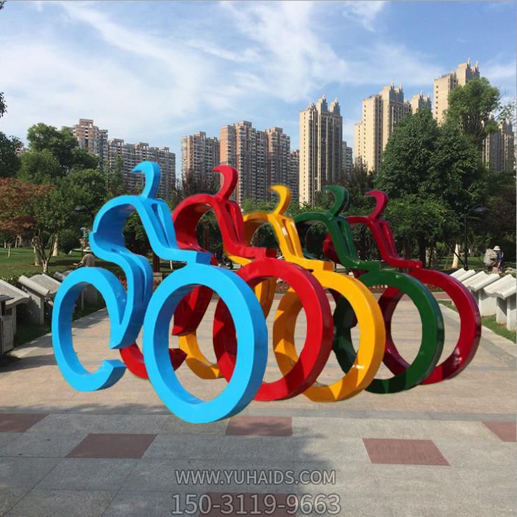 不锈钢几何彩绘户外远动骑自车的抽象人物景观雕塑