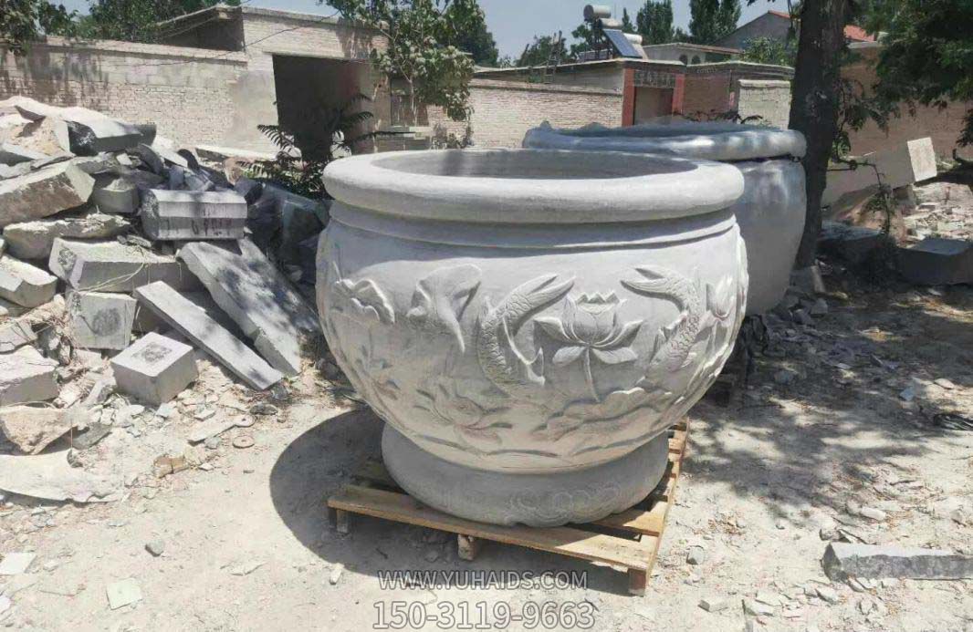 庭院汉白玉石雕荷花水缸雕塑