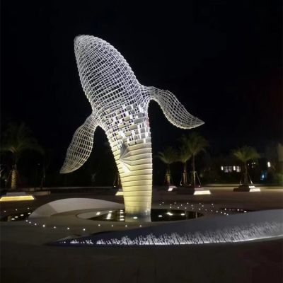 广场不锈钢镂空大型抽象鲸鱼景观亮化雕塑