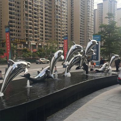 户外不锈钢镜面水景跳跃的海豚景观雕塑